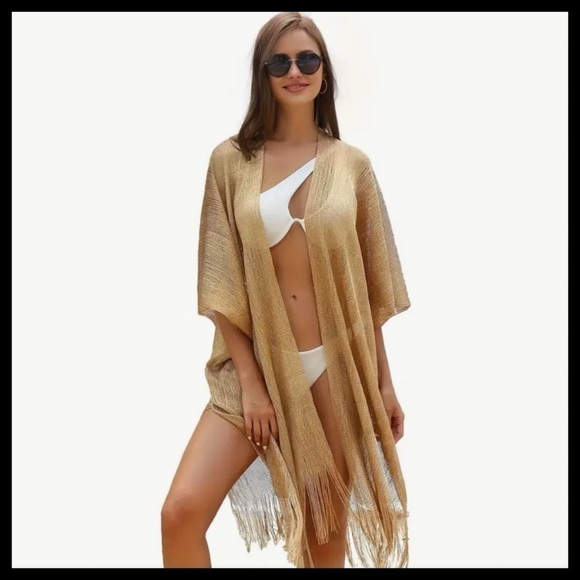 BOUTIQUE Metallic Net Fringed Cover-Up | Tassel Semi Sheer Shawl Cardiga… - Picture 4 of 11